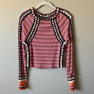 Free People sunny day cuff waffle crochet trim stripe top